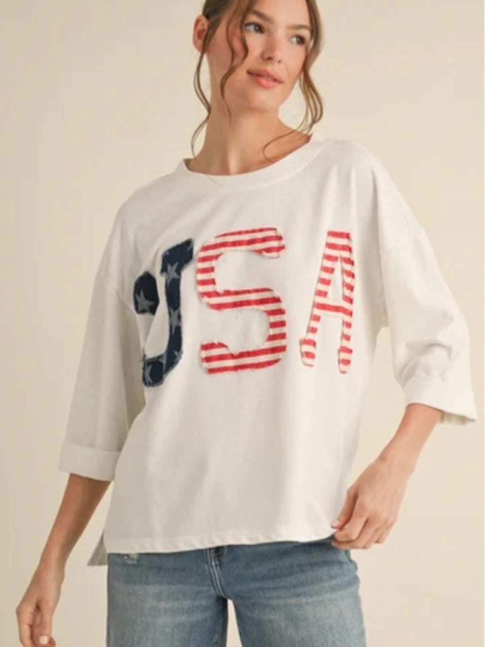 Jodifl OVERSIZED Mixed Appliqué Print USA Patched Top White Women's Large NWT